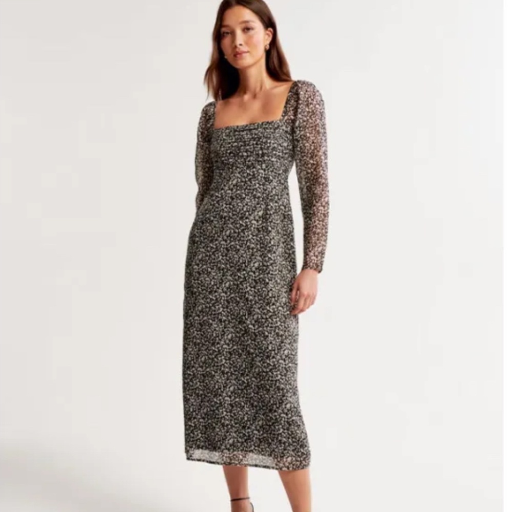 Abercrombie & Fitch Emerson Chiffon Floral Midi Dress Long Sleeve Square Neck M